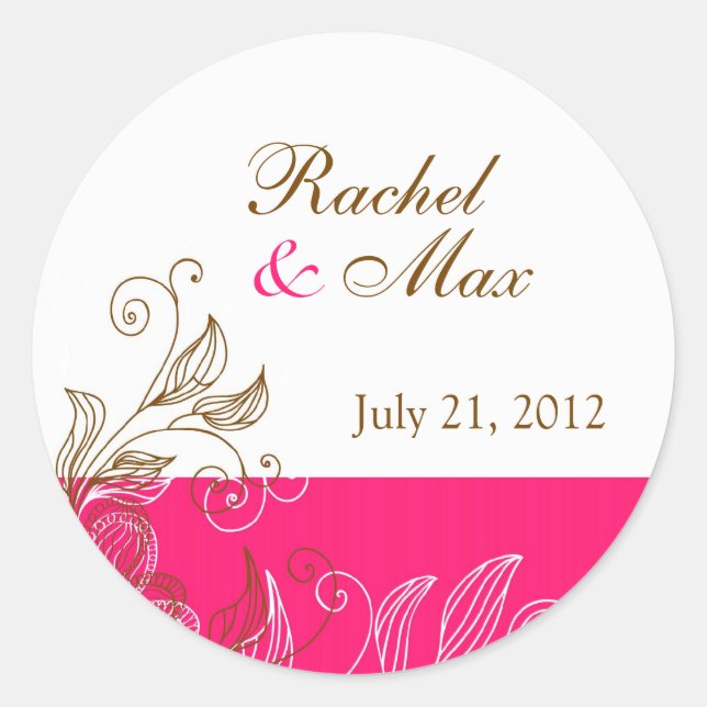 Hot Pink and Brown Floral Wedding Label (Front)