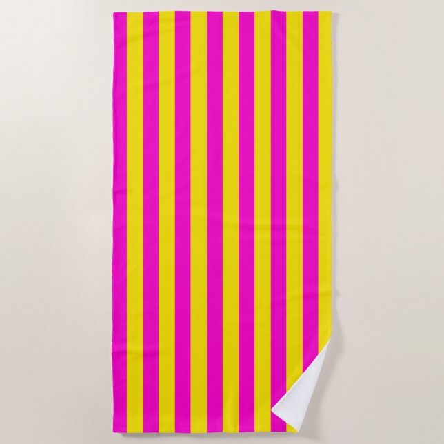 Hot Pink And Canary Yellow Stripes Beach Towel (Front)