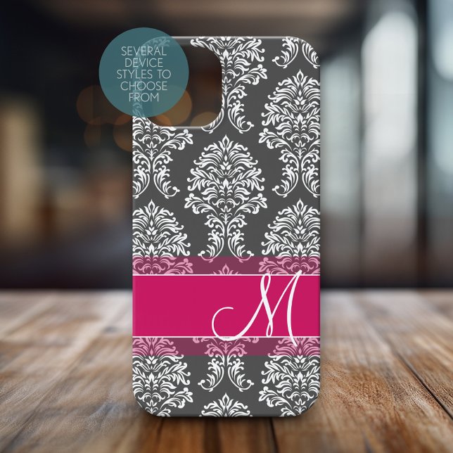 Hot Pink and Charcoal Damask Pattern with Monogram Case-Mate iPhone Case (Personalized Phone Case with Huge Monogram)
