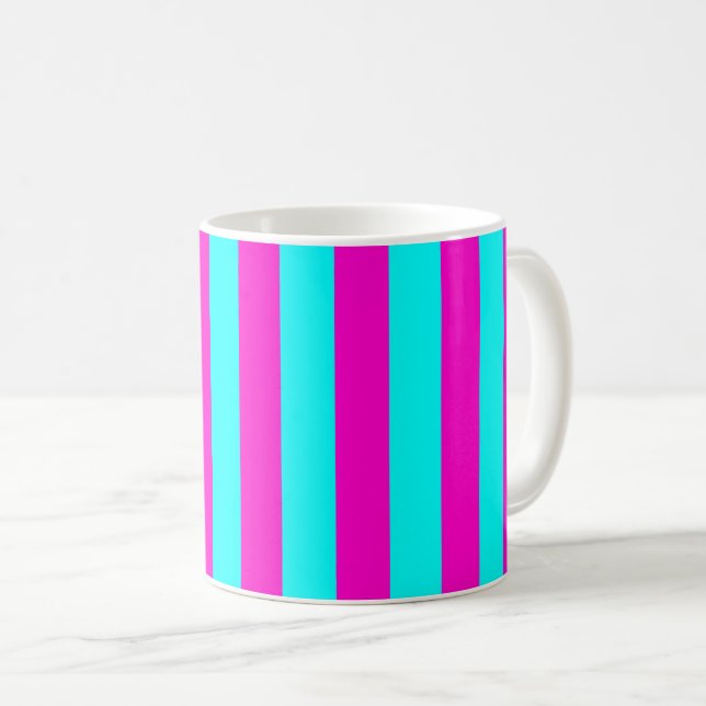 Hot Pink And Cyan Blue Green Turquoise Stripes Coffee Mug (Front Right)