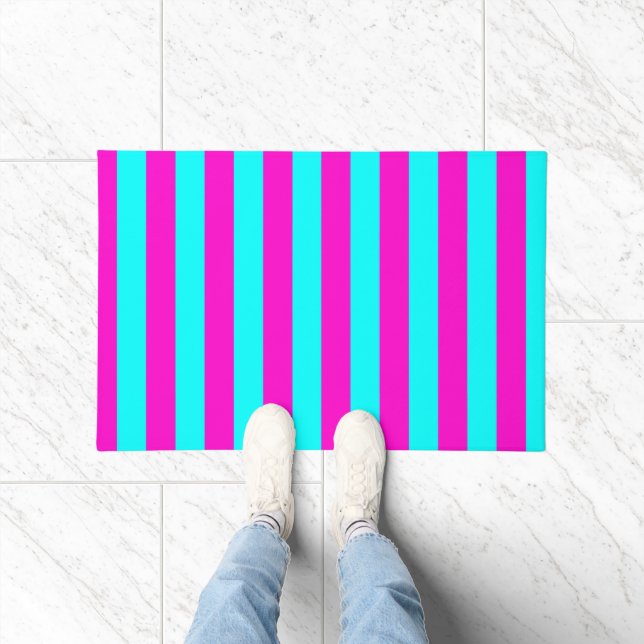 Hot Pink And Cyan Blue Green Turquoise Stripes Doormat (Indoor)