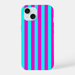 Hot Pink And Cyan Blue Green Turquoise Stripes iPhone 15 Case