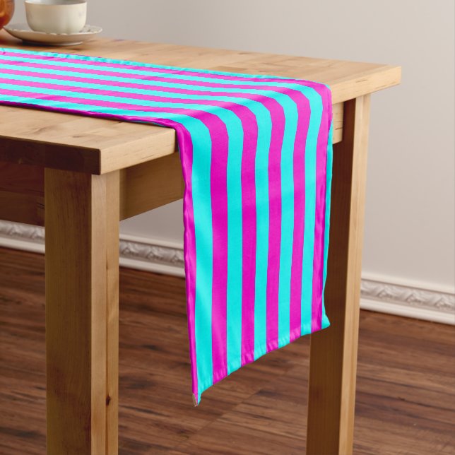 Hot Pink And Cyan Blue Green Turquoise Stripes Short Table Runner (In Situ)