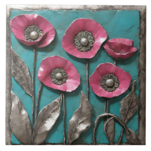 Hot pink and Florals with silver Accents Ceramic Tile