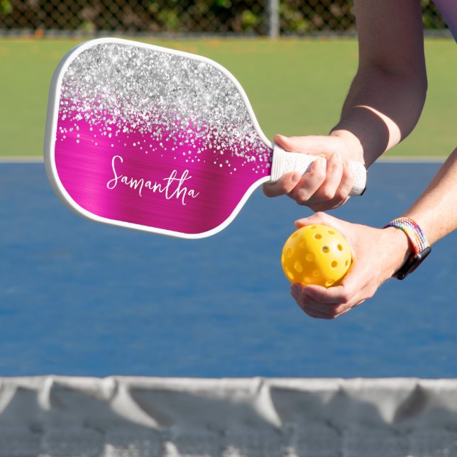 Hot Pink and Glittery Silver Glam Script Name Pickleball Paddle (Insitu)