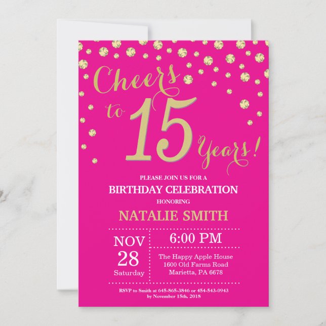 Hot Pink and Gold 15th Birthday Diamond Invitation (Front)