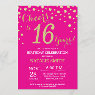 Hot Pink and Gold 16th Birthday Diamond Invitation