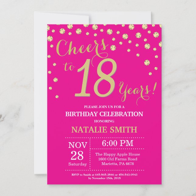 Hot Pink and Gold 18th Birthday Diamond Invitation (Front)
