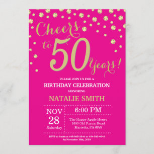 Hot Pink and Gold 50th Birthday Diamond Invitation
