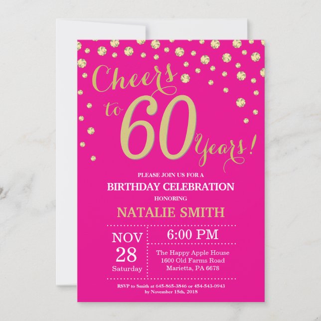 Hot Pink and Gold 60th Birthday Diamond Invitation (Front)