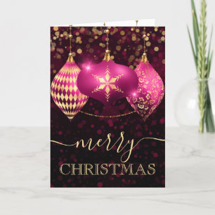 Hot Pink and Gold Baubles Christmas Holiday Card