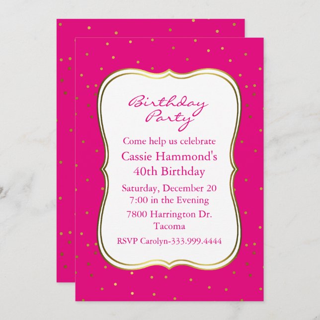 Hot Pink and Gold Birthday Party Invitation (Front/Back)