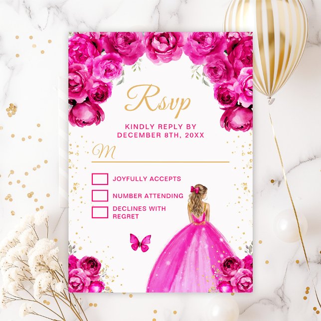 Hot Pink and Gold Blonde Hair Princess RSVP Card (Creator Uploaded)