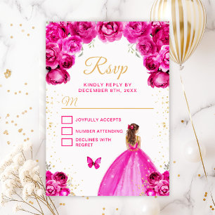 Hot Pink and Gold Brown Hair Princess RSVP Card
