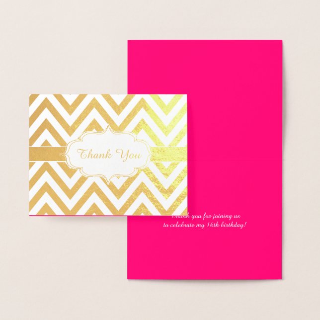 Hot Pink and Gold Chevron Girls Birthday Party Foil Card (Display)