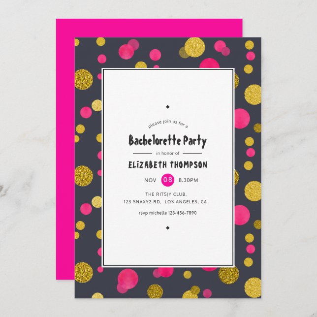 Hot-Pink and Gold Confetti Bachelorette Party Invitation (Front/Back)