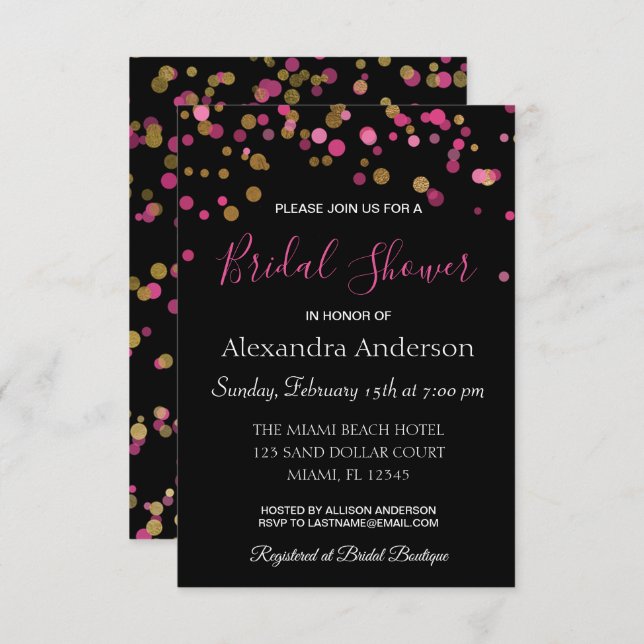 Hot Pink and Gold Confetti Bridal Shower Invitation (Front/Back)