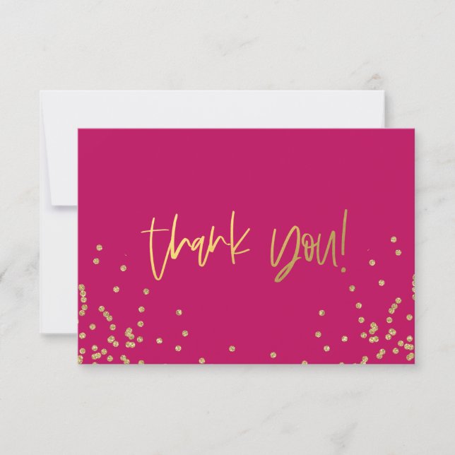 Hot Pink and Gold Confetti Thank You Note Cards (Front)