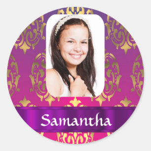 Hot pink and gold damask classic round sticker