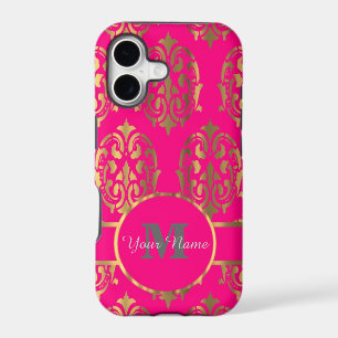Hot pink and gold damask monogram