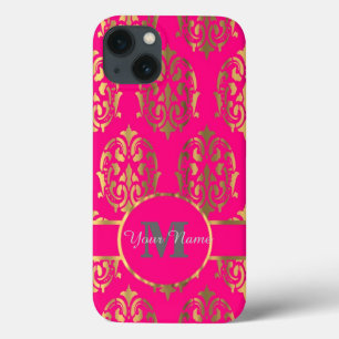 Hot pink and gold damask monogram iPhone 13 case