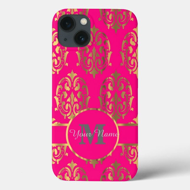 Hot pink and gold damask monogram Case-Mate iPhone case (Back)