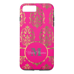 Hot pink and gold damask monogram iPhone 8 plus/7 plus case