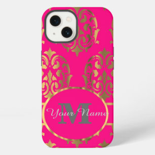 Hot pink and gold damask monogram iPhone case