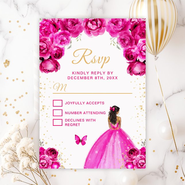 Hot Pink and Gold Dark Skin Princess RSVP Card (Creator Uploaded)