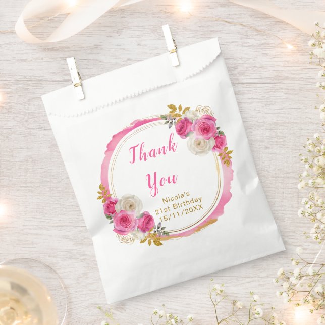 Hot Pink and Gold Elegant Flowers Birthday Party Favour Bag (Clipped)