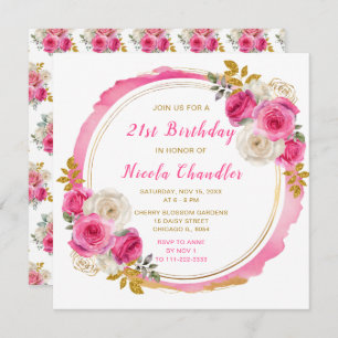 Hot Pink and Gold Elegant Flowers Birthday Party Invitation