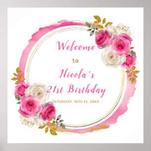 Hot Pink and Gold Elegant Flowers Birthday Party Poster
