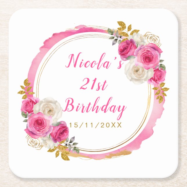 Hot Pink and Gold Elegant Flowers Birthday Party Square Paper Coaster (Front)