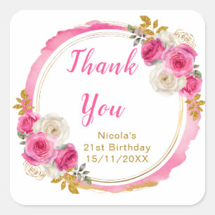 Hot Pink and Gold Elegant Flowers Birthday Party Square Sticker