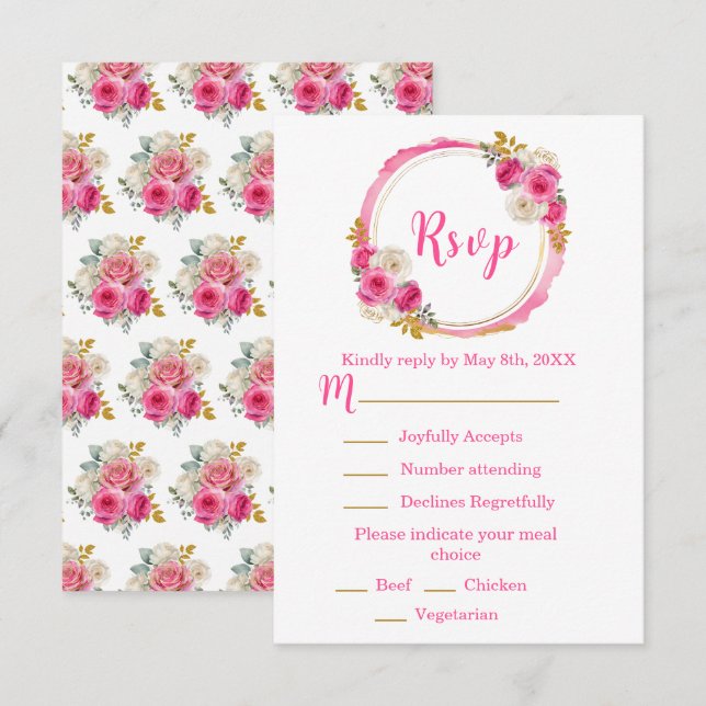 Hot Pink and Gold Elegant Flowers Sweet Sixteen RSVP Card (Front/Back)