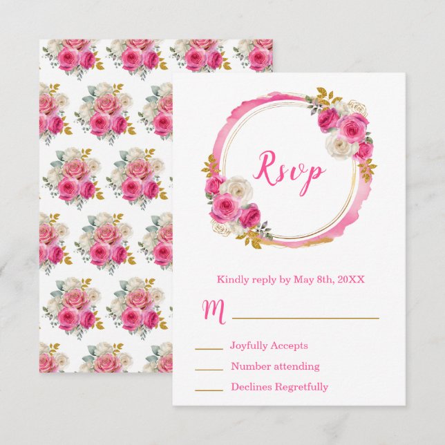 Hot Pink and Gold Elegant Flowers Sweet Sixteen RSVP Card (Front/Back)