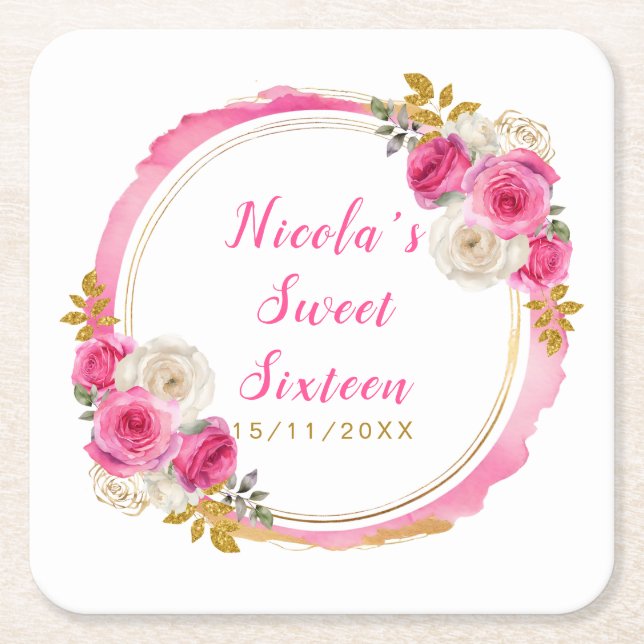 Hot Pink and Gold Elegant Flowers Sweet Sixteen Square Paper Coaster (Front)