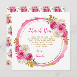 Hot Pink and Gold Elegant Flowers Sweet Sixteen Thank You Card