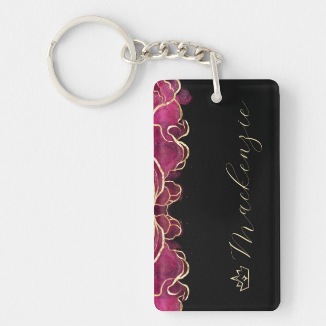 Hot Pink and Gold Elegant Script Personalised Key Ring (Front)