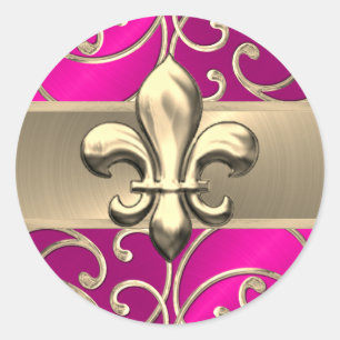 Hot Pink and Gold Filigree Swirls Fleur de Lis Classic Round Sticker