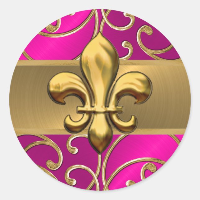Hot Pink and Gold Filigree Swirls Fleur de Lis Classic Round Sticker (Front)