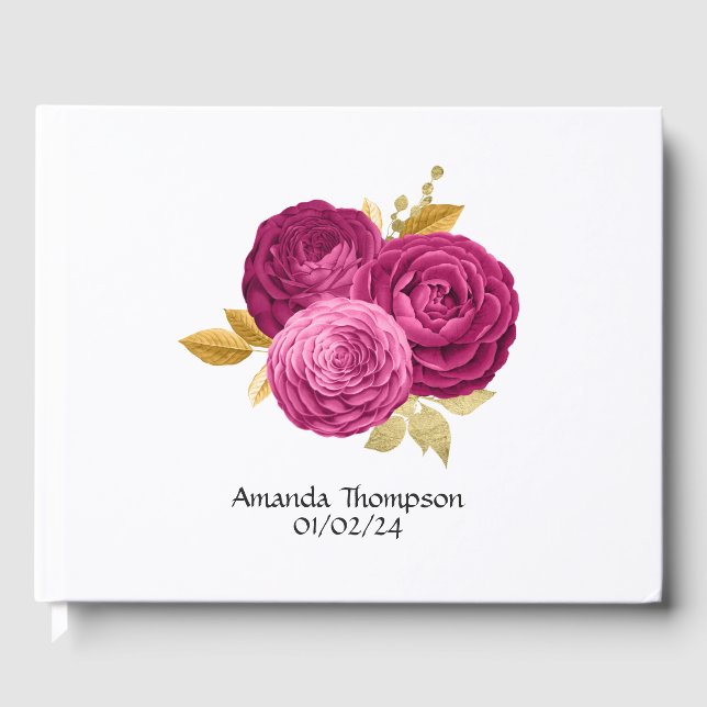 Hot-Pink and Gold Floral Quinceañera Guest Book (Front)