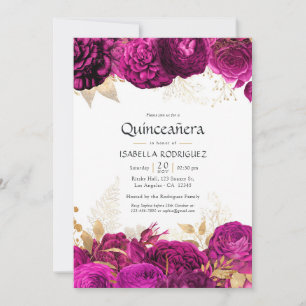 Hot-Pink and Gold Floral Quinceañera Invitation
