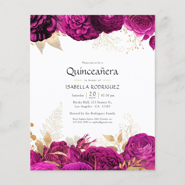 Hot-Pink and Gold Floral Quinceañera Invitation Flyer (Front)