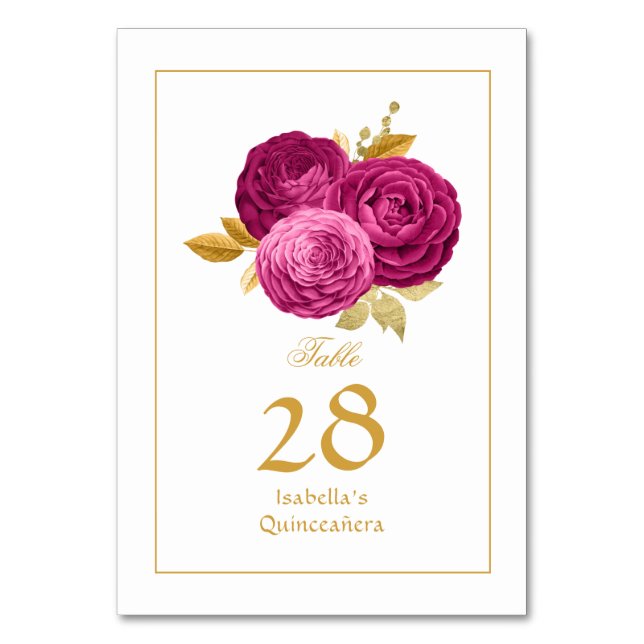 Hot-Pink and Gold Floral Quinceañera Table Number (Front)