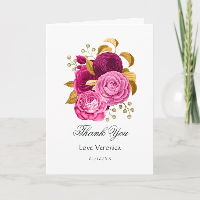 Hot Pink and Gold Floral Quinceañera Thank You Card (Front)