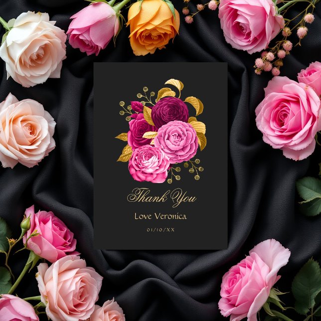 Hot Pink and Gold Floral Thank You Card (Hot Pink and Gold Floral Thank You Card)