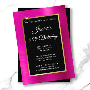 Hot Pink and Gold Foil Black 50th Birthday Invitation