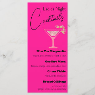 Hot Pink and Gold Glitter Ladies Night Cocktails Menu
