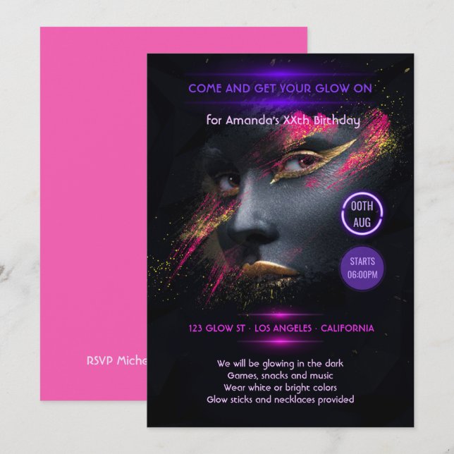 Hot-Pink and Gold Glow in the Dark Neon Party Invitation (Front/Back)